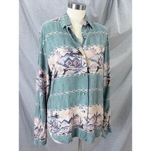 Vintage Roper Southwestern Desert Print Button Down Shirt Teal L USA 90s